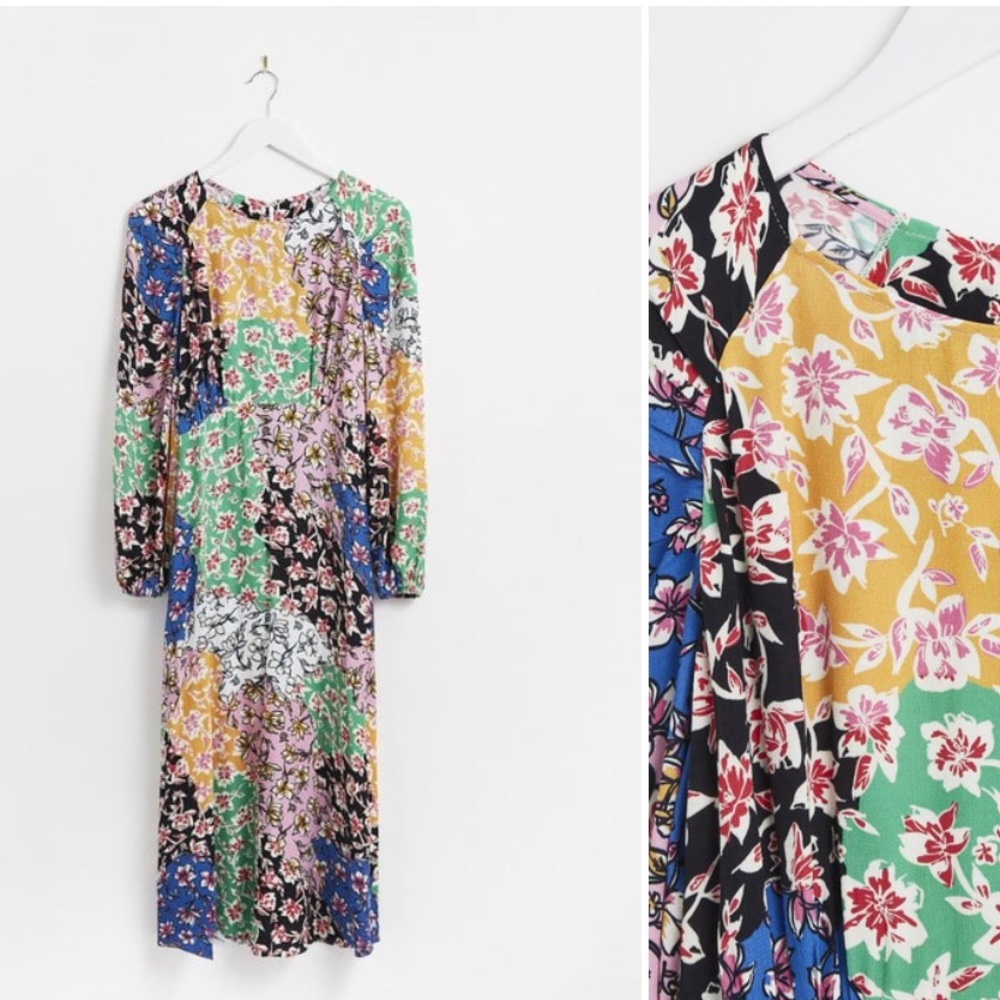 Oliver Bonas Patched Floral Print Multicolored‎ Midi Dress